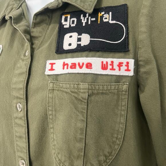 Zara Olive Green Patches Denim Button Down 3/4 Sleeve Shirt Dress sz S Trafaluc - Picture 11 of 13